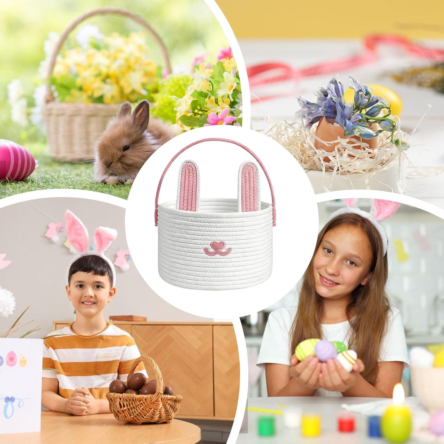 Easter Basket with Bunny Ears - Cotton Rope Easter Bunny Basket for Kids, Easter Egg Hunt Basket & Candy Holder for Boys & Girls, Party, Home & Classroom Decor（pink）