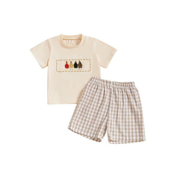 BemeyourBBs Boy Summer Outfits Chick Embroidery Short Sleeve T-Shirts Plaid Shorts