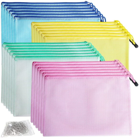 DUOFIRE 24PCS A4 Zipper Pouch Mesh Zipper Bags Plastic Document Holder Pouch Colored for Office School Supplies