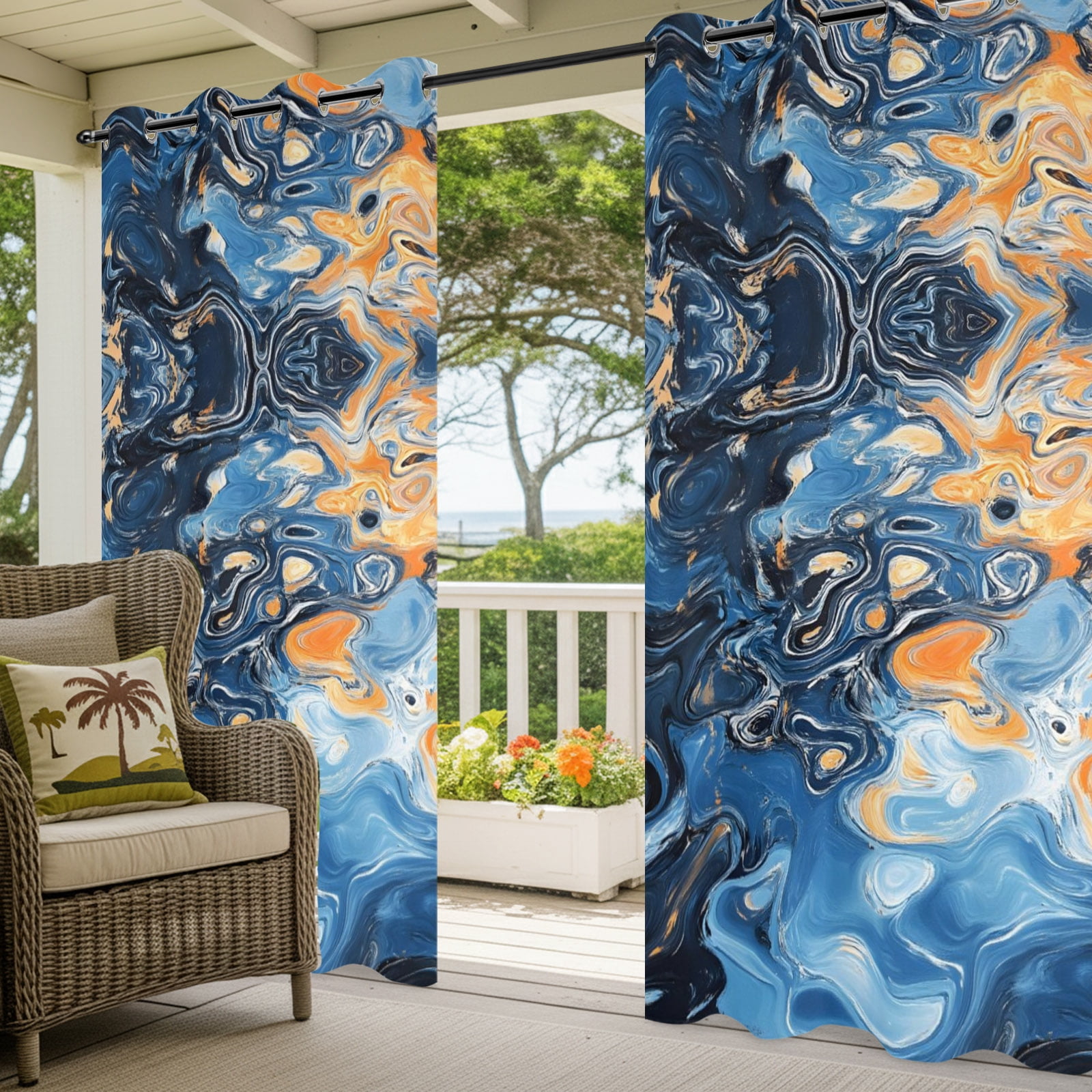 Abstract Fluid Art Outdoor Curtains for Patio, Marble Liquid Waves Coastal Bohemian Sunshade Privacy Drapes Grommet Waterproof Outside Curtains for Porch/Cabana/Balcony 54"x 108", 1 Panel