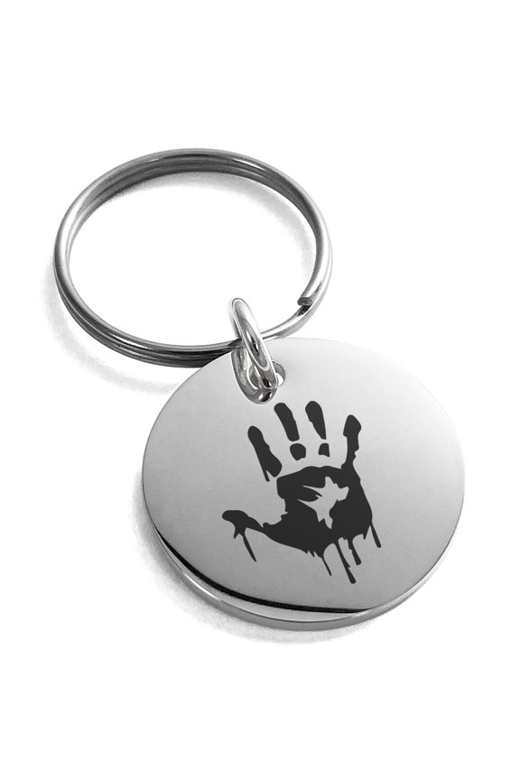 Stainless Steel Biohazard Zombie Hand Mark Engraved Small Medallion Circle Charm Keychain Keyring
