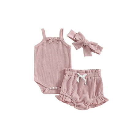 

Wassery Baby Infant Girls Summer Outfits Floral Print Sleeveless Sling Waffle Knit Romper with Casual Elastic Shorts and Headband 3Pcs Set 0-18M