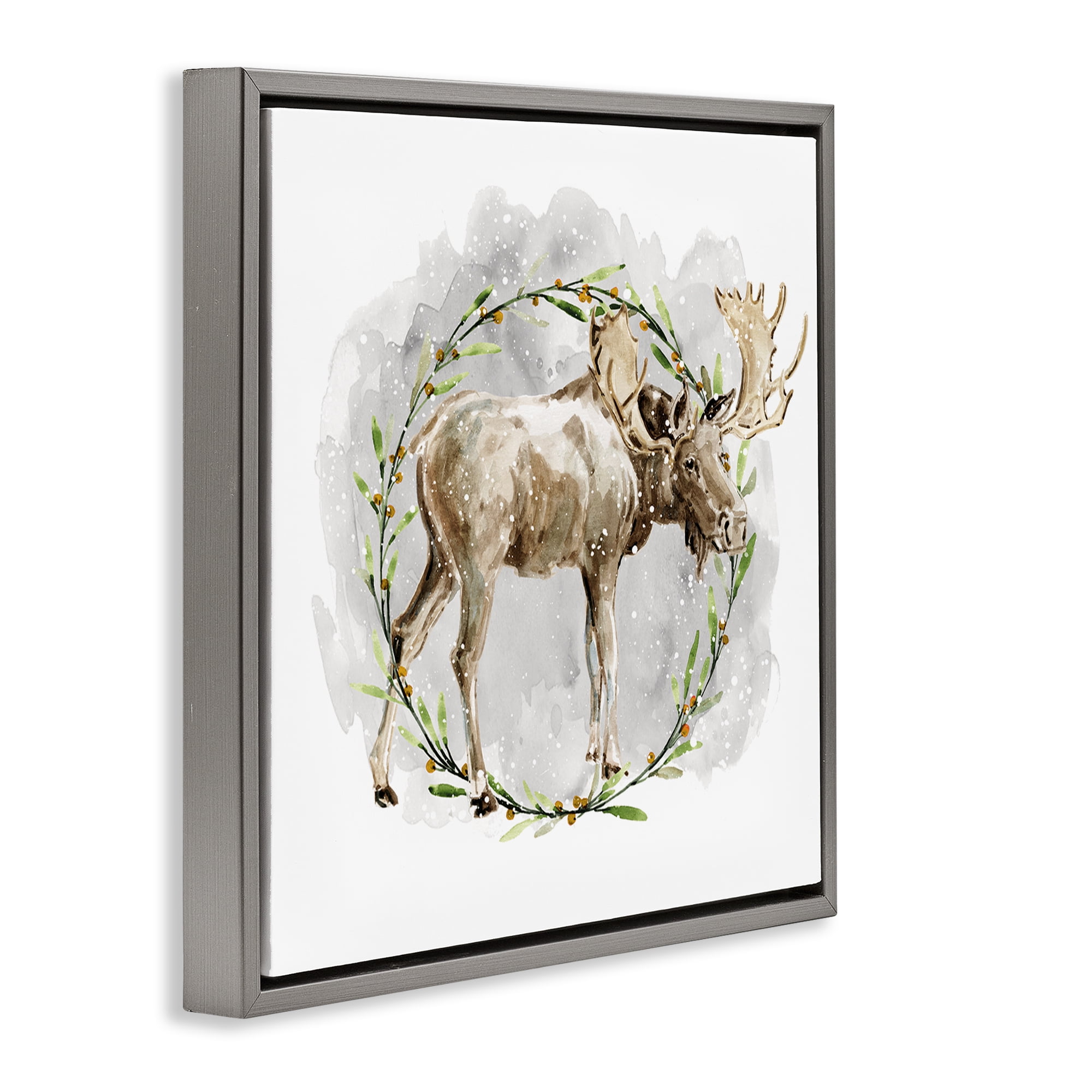 Stupell Industries Rustic Moose with Wreath Animals & Insects Painting Gray Floater Framed Canvas Art Prints Wall Art, 18 x 18