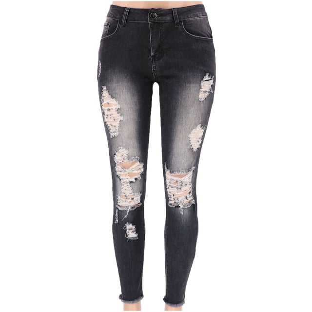 JMYHOAM Jeans pour Femmes Jeans Décontractés avec Neuf Fentes Trous Poches Pantalons