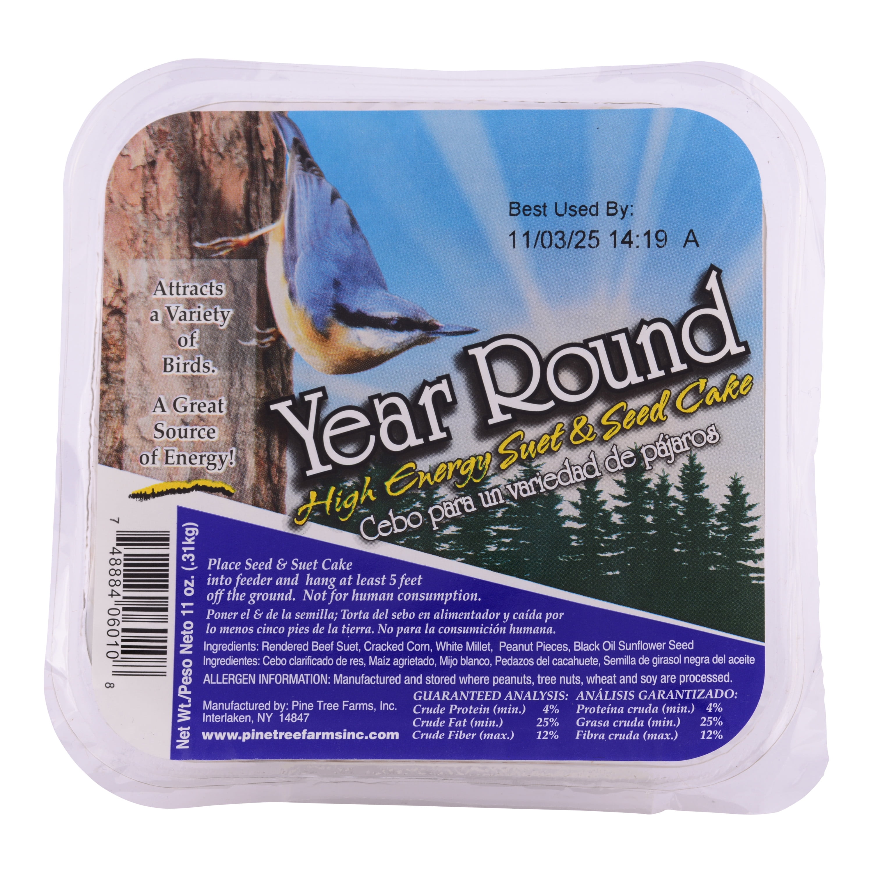 Pine Tree Farms Year Round Hi-Energy Suet Cake, 11 oz., Pack of 12 for Wild Birds