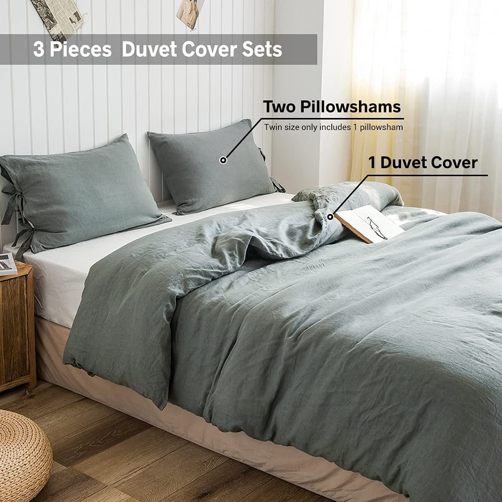 Simple&Opulence 100% Linen Duvet Cover Set, 3 Piece Belgian Flax Breathable Bedding, King Size 104''x92'' (1 Comforter Cover+2 Pillowshams) with Tie Closure Style,Greyish-Green