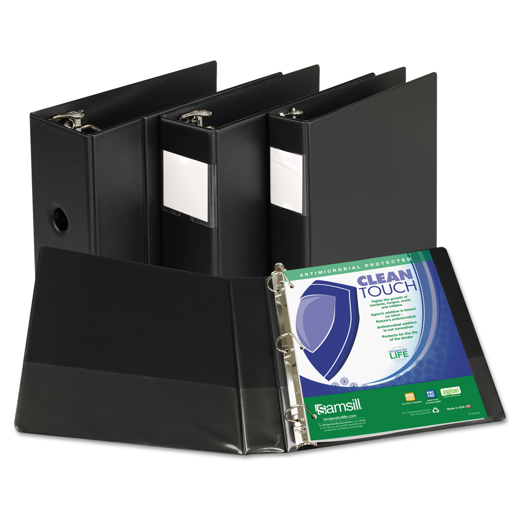 Locking D-Ring Black Samsill 16350 Clean Touch 3 Ring Binder Reference Binder with Label Holder Protected by Antimicrobial Additive 1.5 Inch Capacity 
