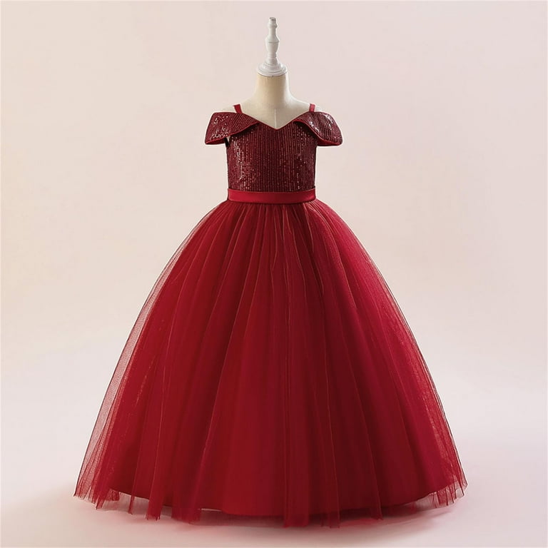 Sertg Children's Short Sleeved Camisole Dress Halloween Role-Playing Sequin Mesh Dress Short Sleeved Round Neck Dress for Girls 5-14Years(Red,11 Years