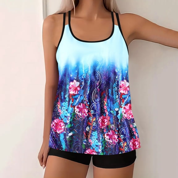 Warop Tankini Swimsuit for Women, Plus Size with Floral Print and Wide Straps, Two-Piece Swimwear for Beach Vacation and Swimming