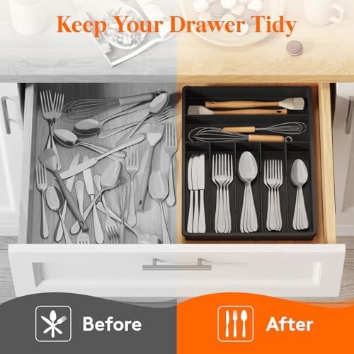 Silverware Drawer Organizer Tray, Plastic Cutlery Storage for Kitchen, Flatware and Utensil Holder Divider for Spoons Forks Knives Tableware, 12.3 x 16", 7 Slots, Black