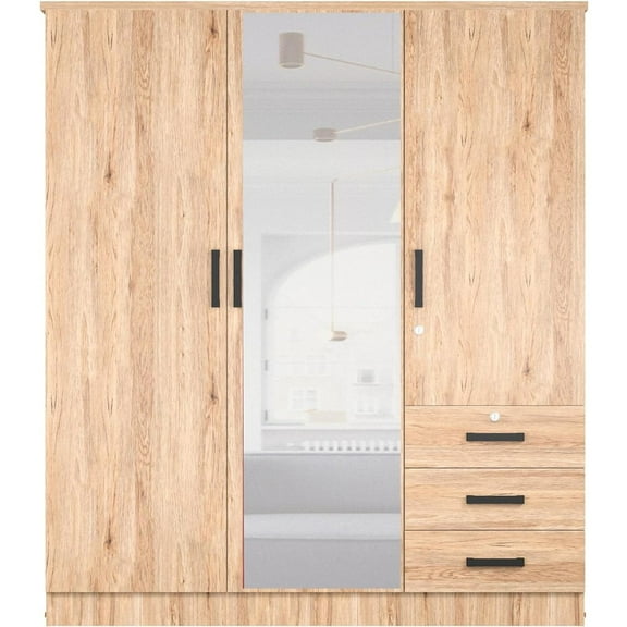 Woodpeckers Furniture and Mattress Violet Wardrobe Mirrored Door Closet 3 Doors and 3 Drawers (Natural Oak)