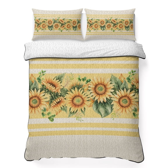Twin Quilt Bedding Set Fall Sunflower Watercolor Green Leaves Lightweight Summer Quilted Coverlet for Hot Sleepers, Yellow Stripes Retro Linen Breathable Soft Cooling Blanket with 2 Pillow Shams