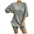 thumbnail image 1 of Women's 2 Piece Ribbed Loungewear Set - Short Sleeve Top & Shorts, Polyester Spandex, with Pockets, Casual, 1 of 4