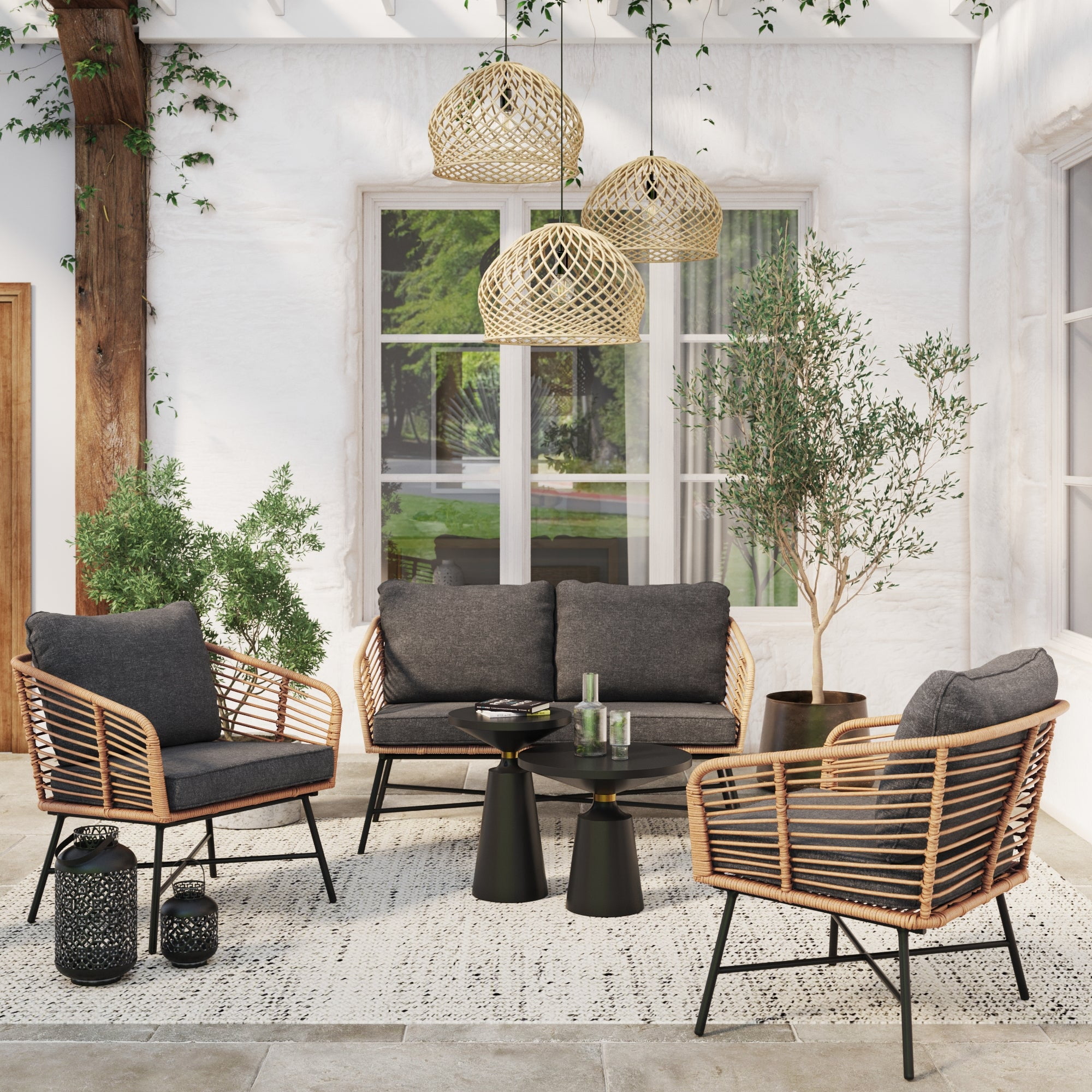 Nathan James Flow Bohemian 3-Piece Wicker Furniture Set, Rattan Patio Conversation Set with Cushions, Rattan/Black