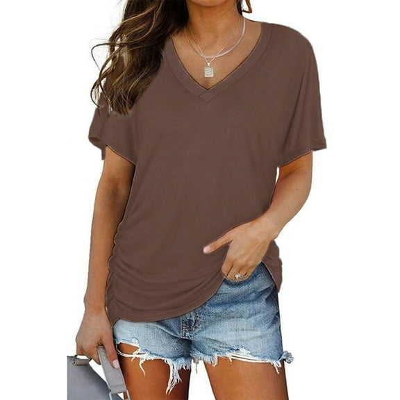 TXGREN t shirts for women Short Sleeves V Neck Plain Color Soft Loose Fitting Summer T Shirts Women women's t-shirts Coffee M