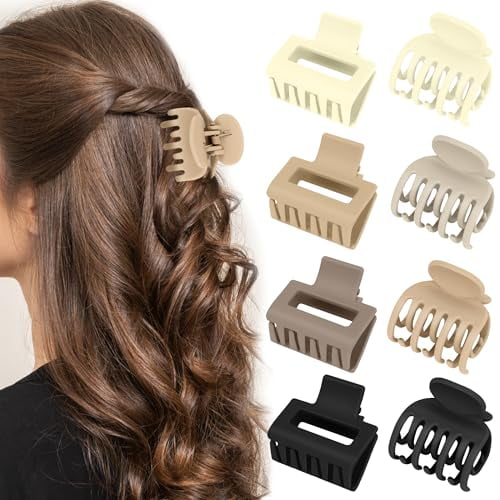 Matte Hair Clips for Women and Girls -8 Pcs Ergonomic Rectangle and Double Row Small Claw Clips for Thick Thin Medium Fine Hair Accessories Strong Hold Nonslip Jaw Clips(Beige,Khaki,Brown,Black)