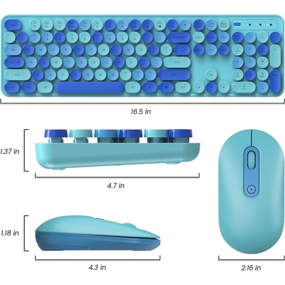 Wireless Keyboard and Mouse Combo, Silent Full-Sized Colorful Typewriter Keyboard with Round Keycaps, 2.4G Cute Mouse Compatible with PC, Laptop and Computer (Blue)