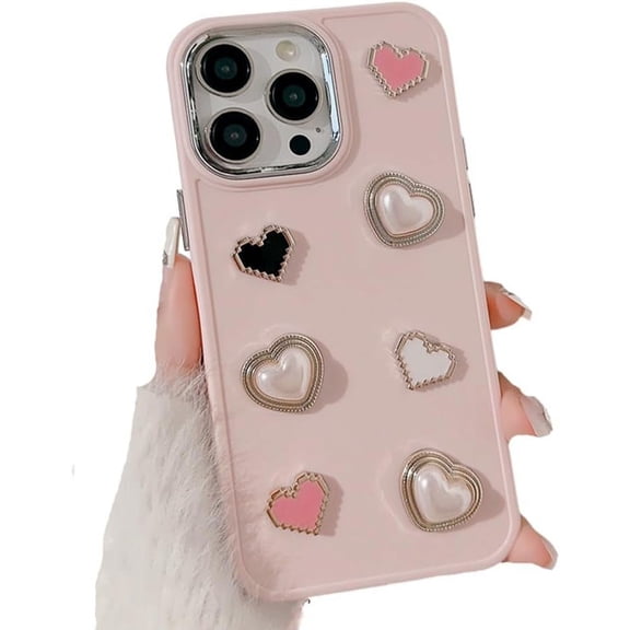 for iPhone Case,Cute Diamend Rhinestone Pearl Love Heart Camera Lens Protection Soft Shockproof Phone Case (Pink,iPhone 13 Pro)