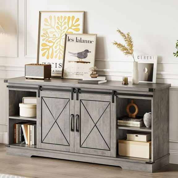 Farmhouse TV Stand and Entertainment Center for TV Up to 65 Inches with Sliding Barn Doors and Adjustable Shelf, TV Media Storage Console Table and Furniture for Living Room, Bedroom