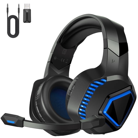 Ecomoment Audífonos Gamer Inalámbricos 2.4G y Bluetooth 5.2 con Micrófono, Cable 3.5mm para PS5, Xbox, Switch, PC, Mac. Batería 40H, Negro/Azul