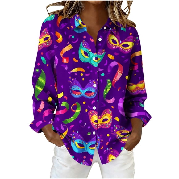Women's Carnival Shirt, Carnival Print Long Sleeve Top, Button Down Festival Blouse, Comfortable Stretch Fabric, for Party Casual Wear