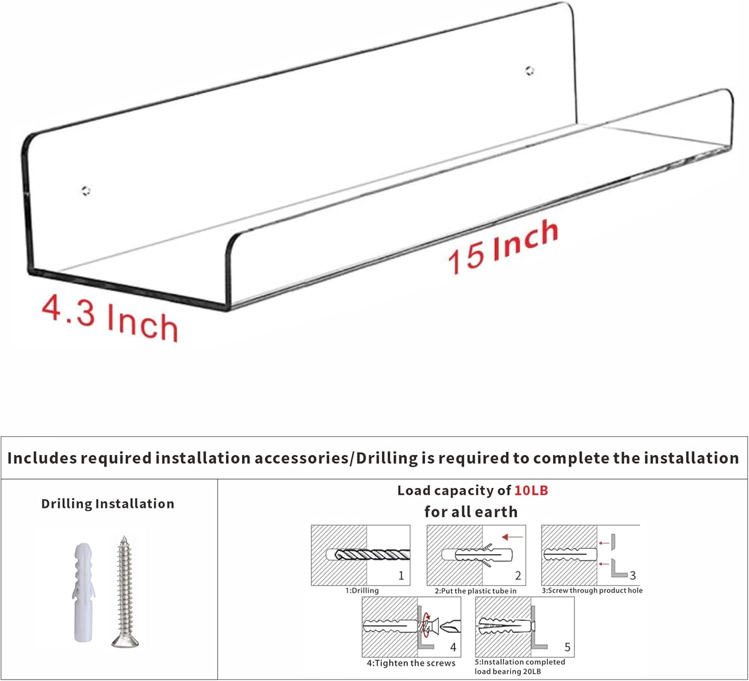 4 Pcak Clear Acrylic Shelves for Bedroom,Room,15 Inch Bathroom Wall Shelf & Organizer,Invisible Floating Storage Collectibles Perfume Shelf,Record,Funko Pop,Lego Display,Bookshelf