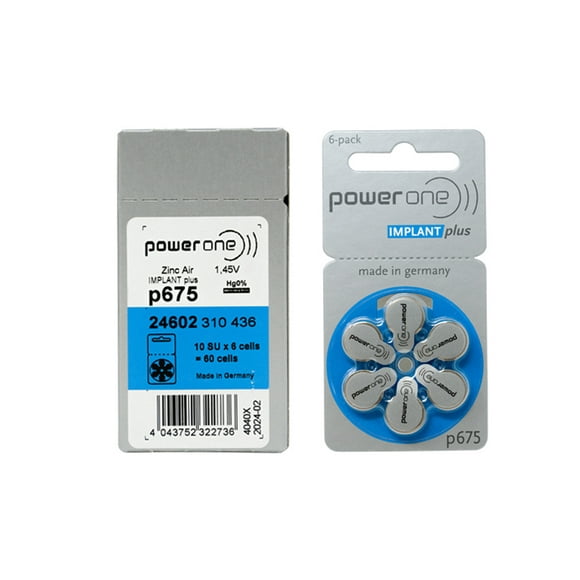 60 x Size p675 PowerOne IMPLANT Plus Cochlear Hearing Aid Batteries Designed especially for cochlear implant sound processors and high power hearing aids.