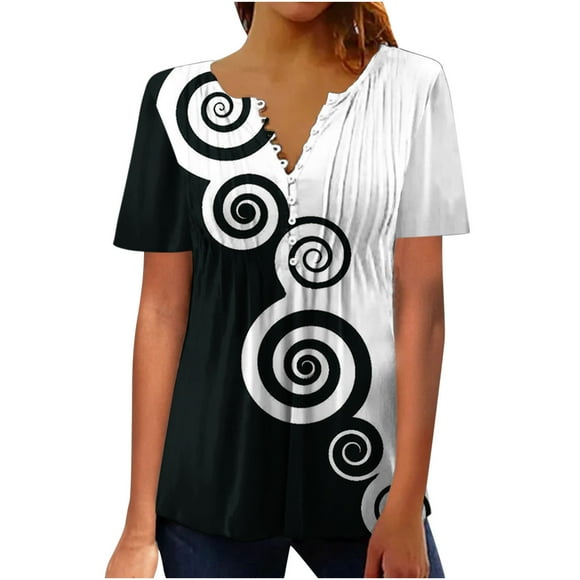 Jsaierl Womens Summer Tops 2024 Plus Size Hide Belly Shirts Pleated Button V Neck T-Shirt Causal Empire Waist A-Line Floral Tunic Tops