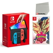Nintendo Switch OLED Console Neon Red & Blue with Pokemon Shield and Screen Cleaning Cloth