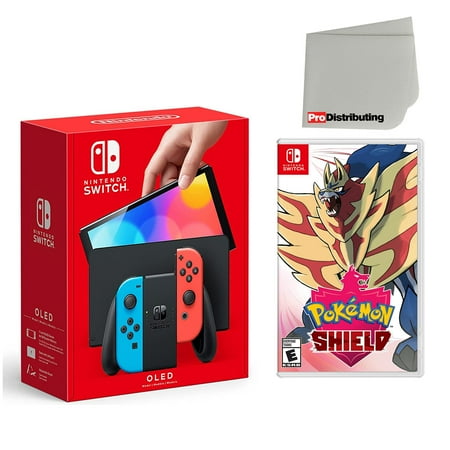 Nintendo Switch OLED Console Neon Red & Blue with Pokemon Shield and Screen Cleaning Cloth