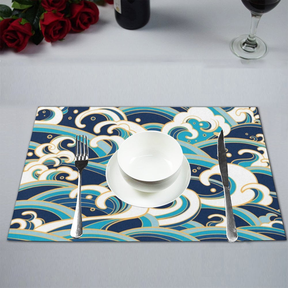 MKHERT Traditional Oriental Seamless Big Ocean Waves Placemats Table