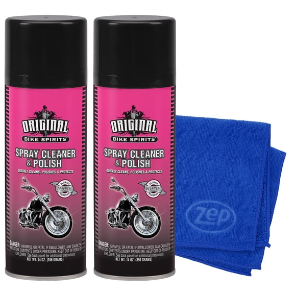 Original Bike Spirits Spray Cleaner & Polish 14 oz and Blue Microfiber Rag Waterless Motorcycle Cleaner and Polish for Paint Chrome and Plastic