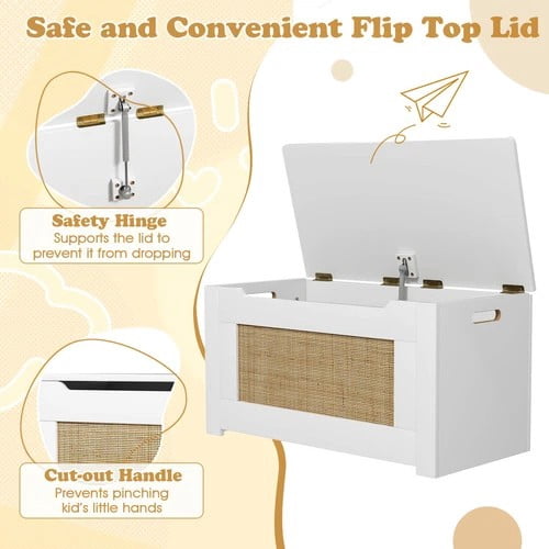 Auranook 31.5" Toy Chest for Kids Rattan Toy Storage Box with Flip Top Lid & Safety Hinge