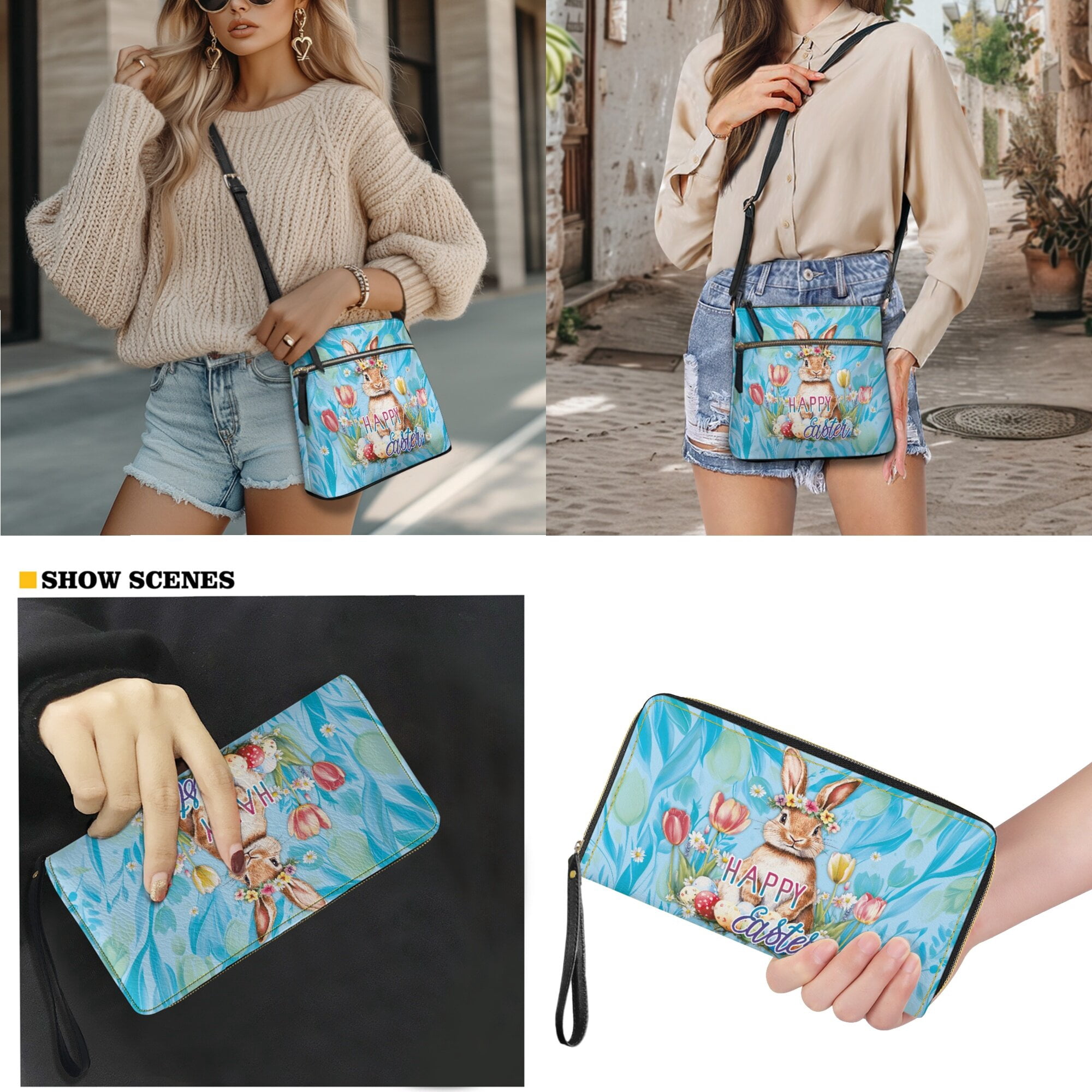 LedBack Rabbit Tulip Large Crossbody Bags Ladies Shoulder Handbags Purse and Wallet Set Multi Pocket Easter Eggs Messenger Bag with Adjustable Strap, Gift for Women, Blue