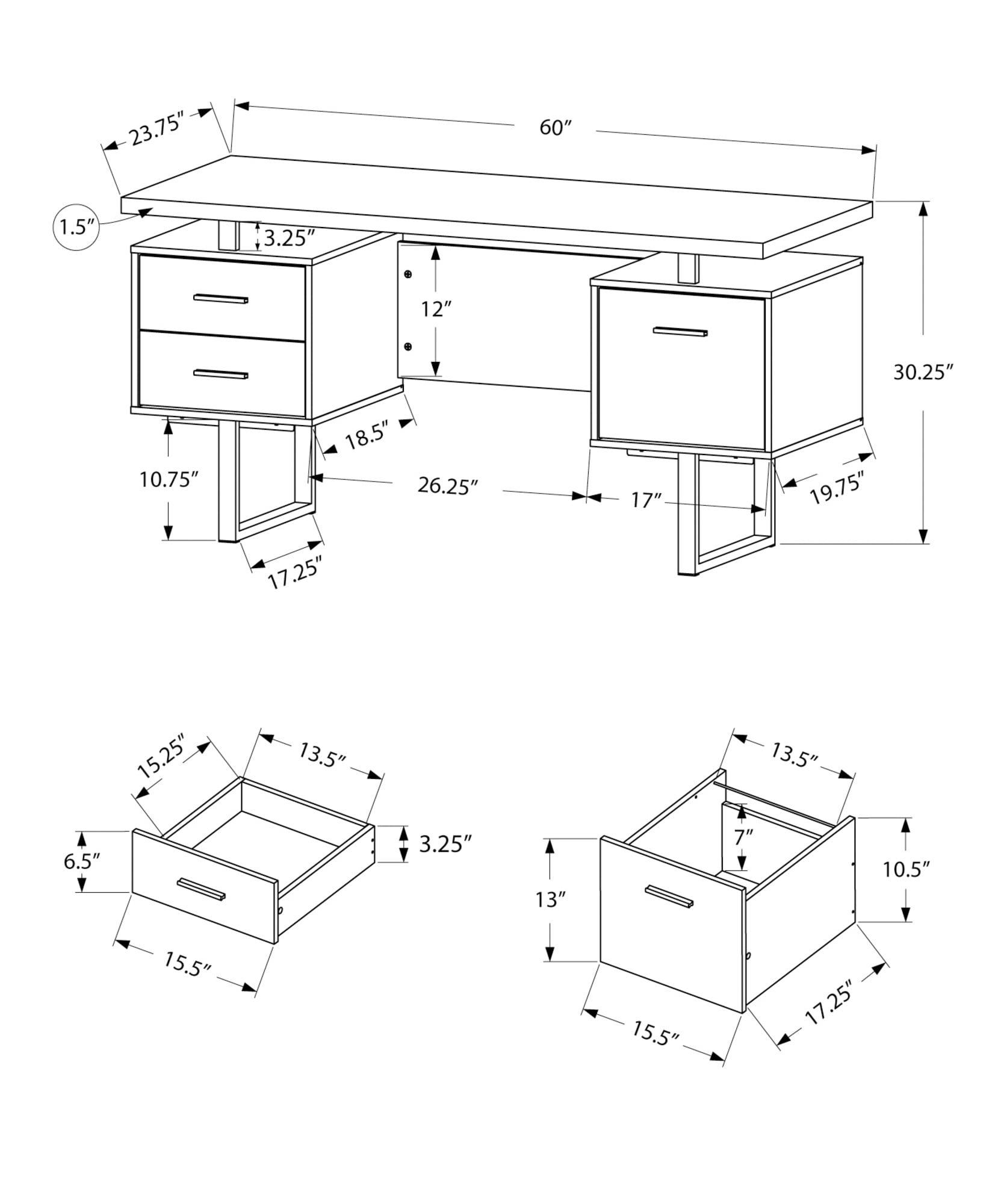 Computer Desk Home Office Laptop Storage Drawers 60"L Work Metal Brown