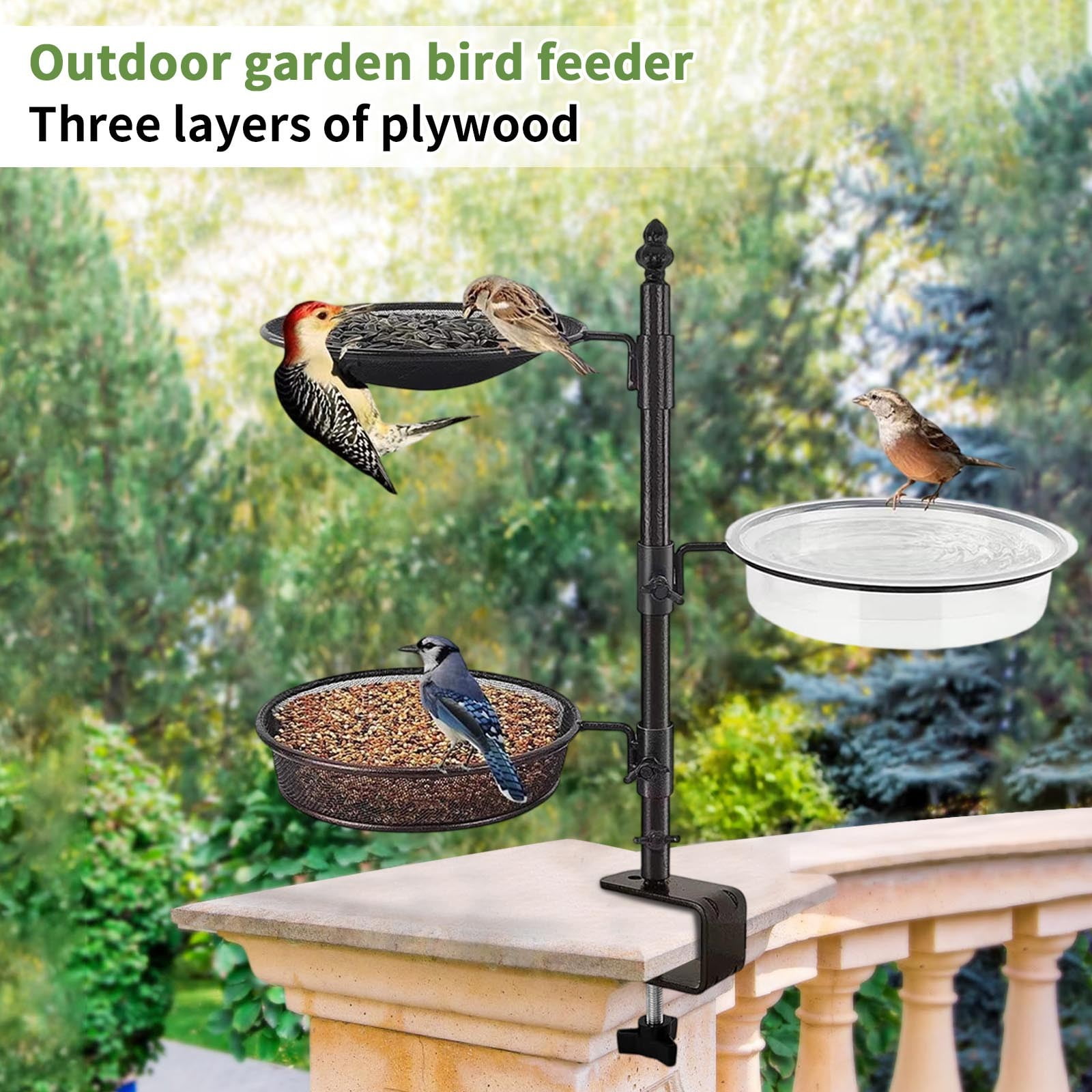 Deck Railing Bird Feeder with Clamp - Multi-Layer Mesh Trays & Bird Bath Bowl, Adjustable Metal Pole Outdoor Garden Feeder, Bird Feeder for Outdoors Hanging, Window Bird Feeder