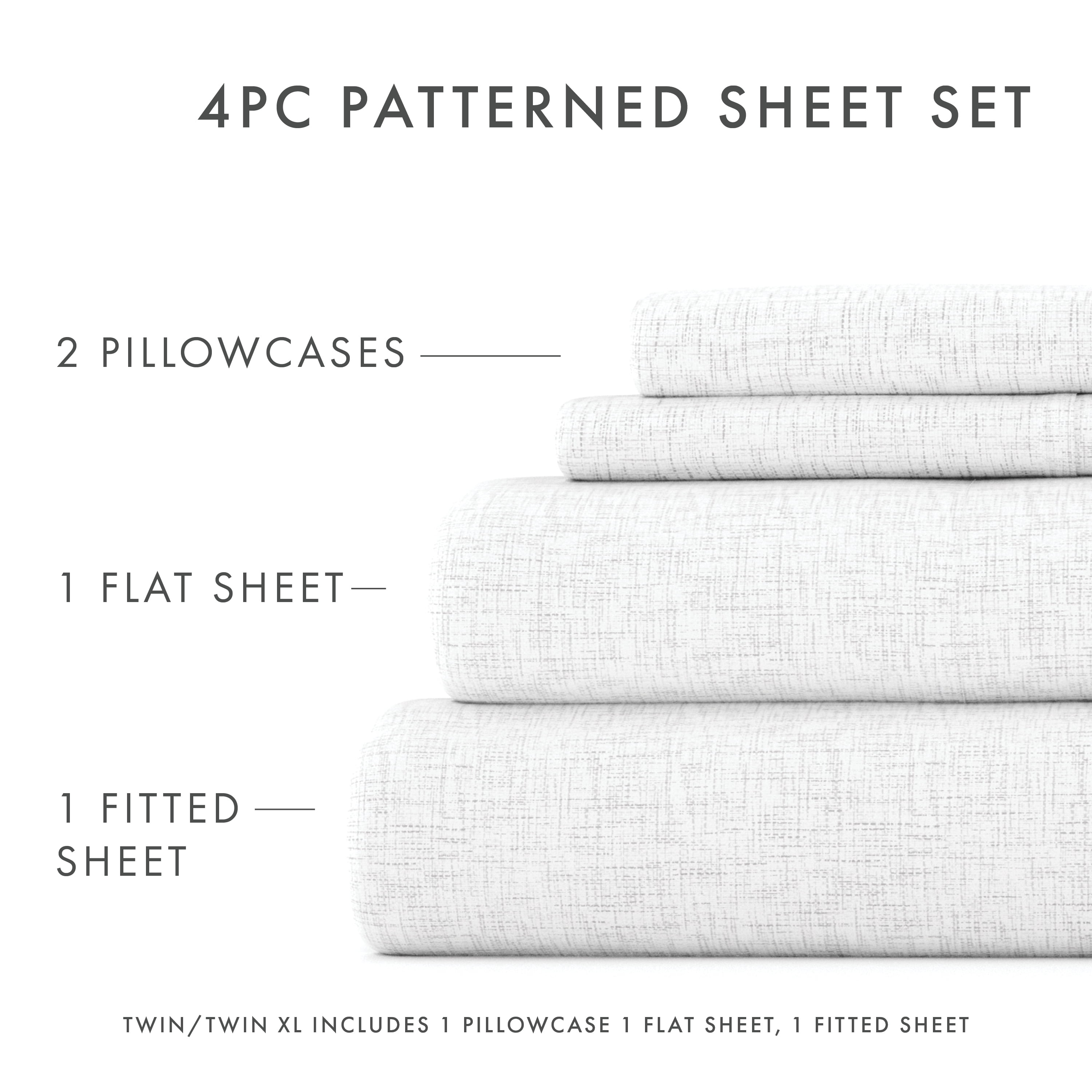 Noble Linens 4 Piece Pattern Microfiber Bed Sheets Set, White Chambray Style, King