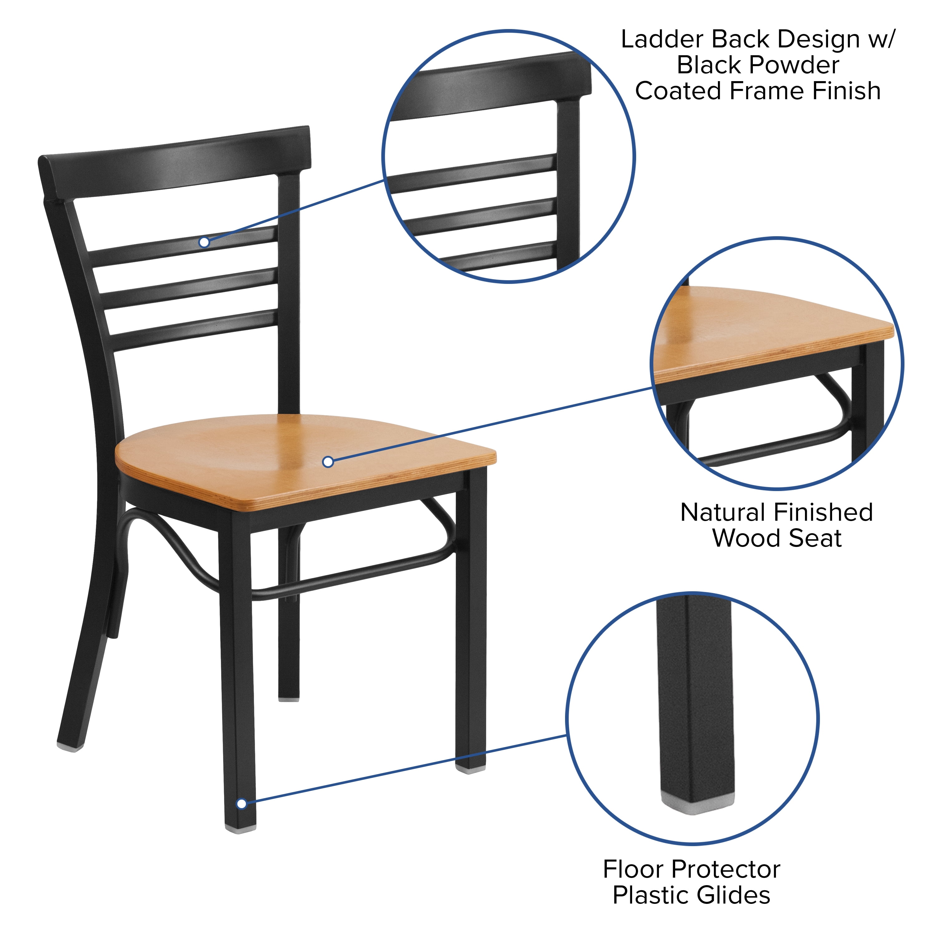 Flash Furniture HERCULES Series Black Three-Slat Ladder Back Metal Restaurant Chair - Natural Wood Seat