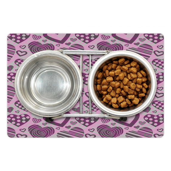 Hearts Pet Mat for Food and Water, Repetitive Stripes Circles Swirl Romance Motifs Shapes Illustration, Non-Slip Rubber Mat for Dogs and Cats, 18" X 12", by Ambesonne