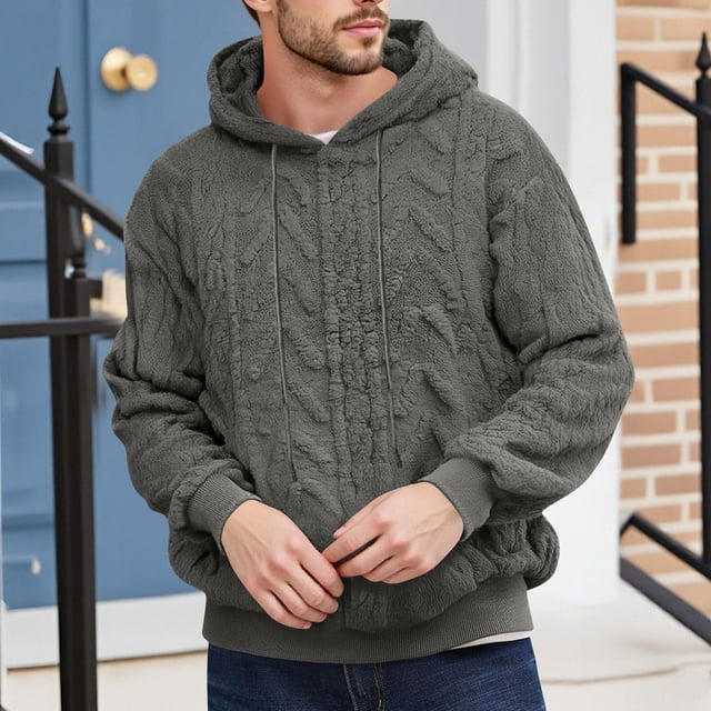 Timegard Hoodies for Men Fuzzy Fleece Sweatshirts Fall Winter Warm Texture Drop Shoulder Pullover Tops