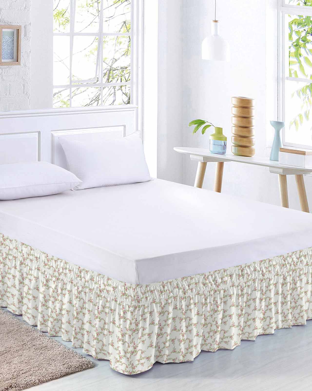 Pink Floral Wrap Around Bed Skirts for Queen Bed 18" Drop,Bed Skirt with Adjustable Elastic Belt Dust Ruffle Bed Valance for Bedroom Hotel Luxury Vintage Leaves Flowers Rustic Plants Bed Frame Cover
