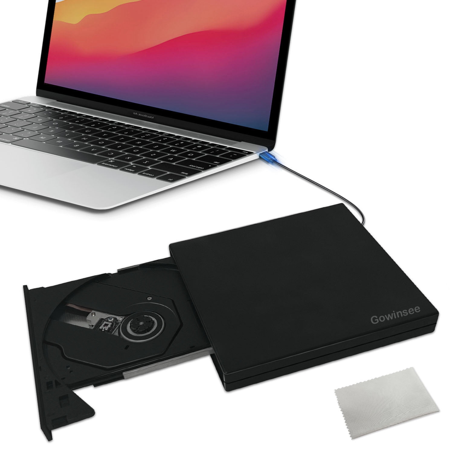 Gowinsee Portable DVD Player, External Compact DVD Player, for Laptop CD Burner, 1Pick Cleaning Cloth, Black