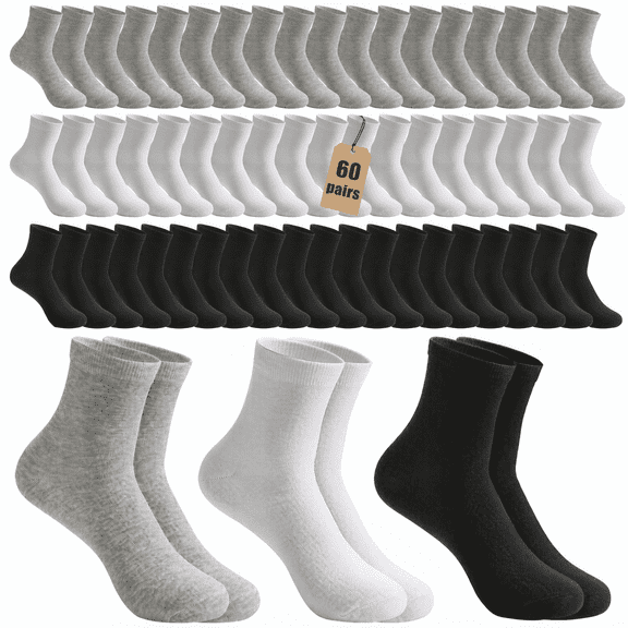 Usavemo 60 Pairs Mens Quarter Socks Casual Mid Calf Socks Athletic Moisture Wicking Socks Bulk Pack for Men Women Unisex Size 9-11