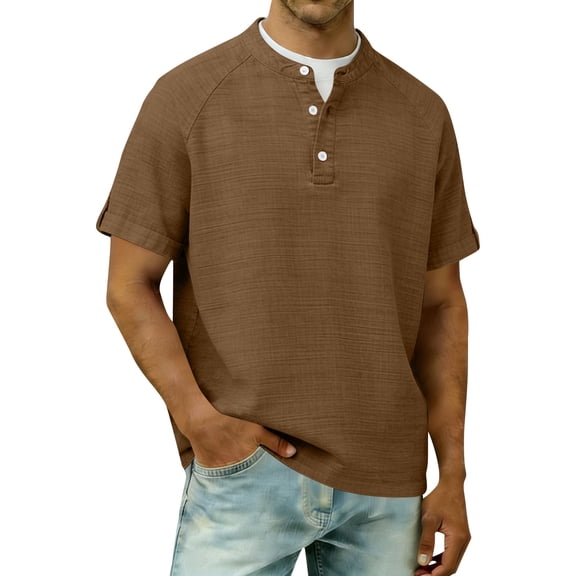 Ohufall Henry Men T Shirts Cotton Linen Button Lightweight Tops Comfort Solid Color Casual T-Shirts