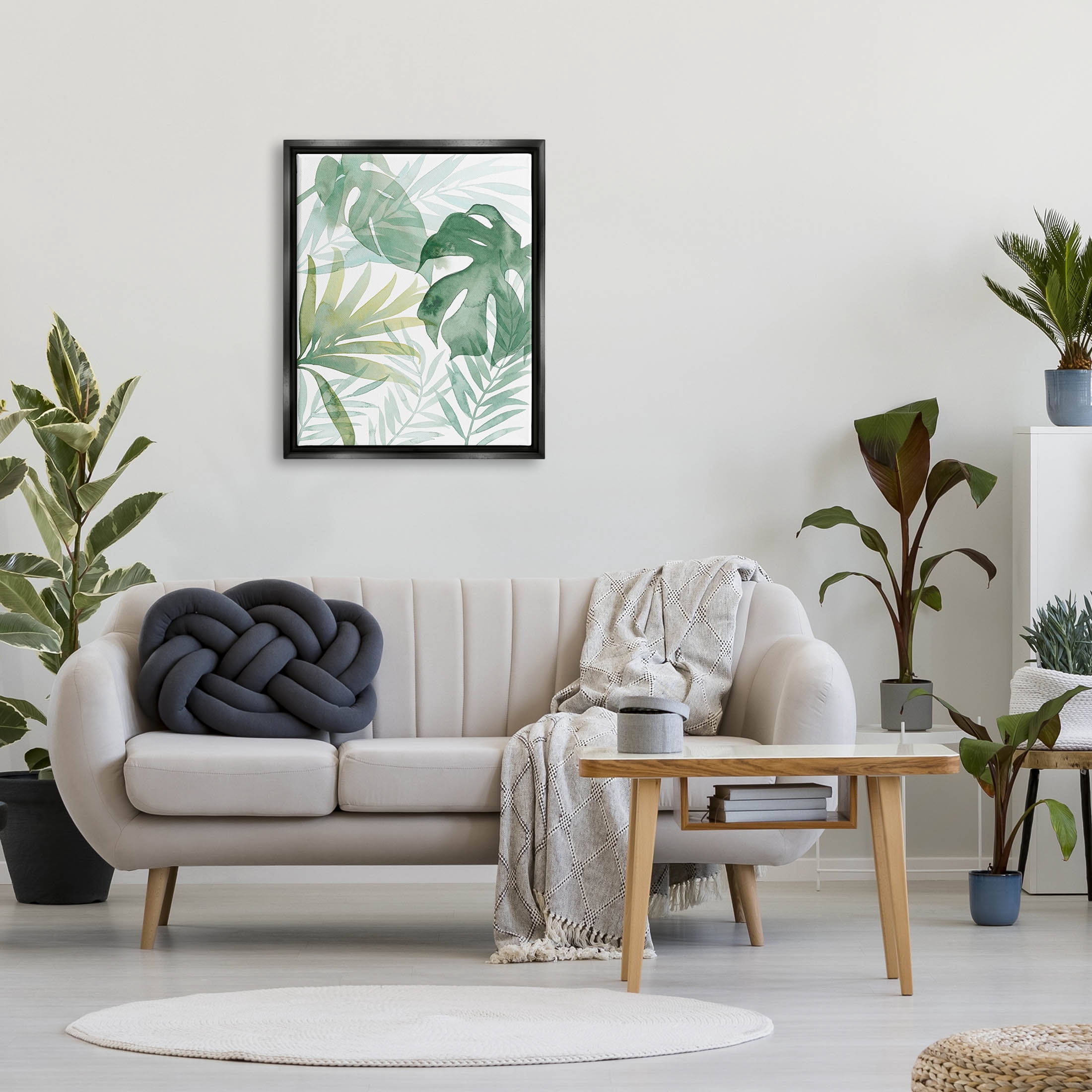 Monstera Overlapping Leaf Sprigs Botanical & Floral Graphic Art Jet Black Framed Art Print Wall Art