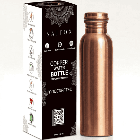 32 oz Pure Copper Water Bottle with Leak-Proof Cap - Large 950 ml Ayurvedic Health Flask for Gym, Travel, & Office