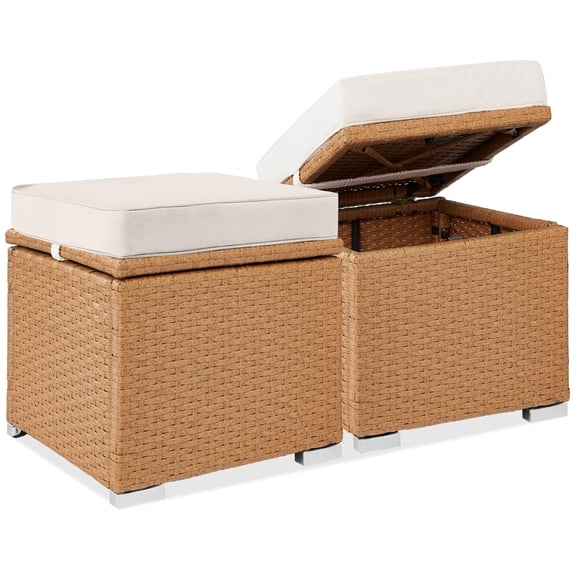 2 Pack All Weather Wicker Outdoor Storage Ottoman with Removable Lid, Patio Foot Stool with Cushions, Multifunctional Side Table with Steel Frame, 200 LBS Load Capacity