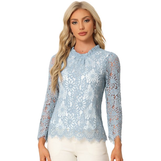 AllegK BluFloral Con Cuello De Volantes Y ManLarCon Encaje Superior PaMujer Azul XS