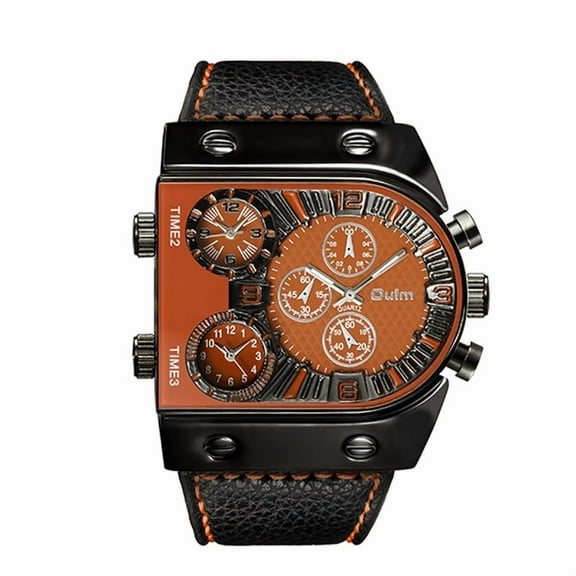 Outdoor Waterproof Chronograph Wristwatch for Men with Three Time Zones and Leather Strap