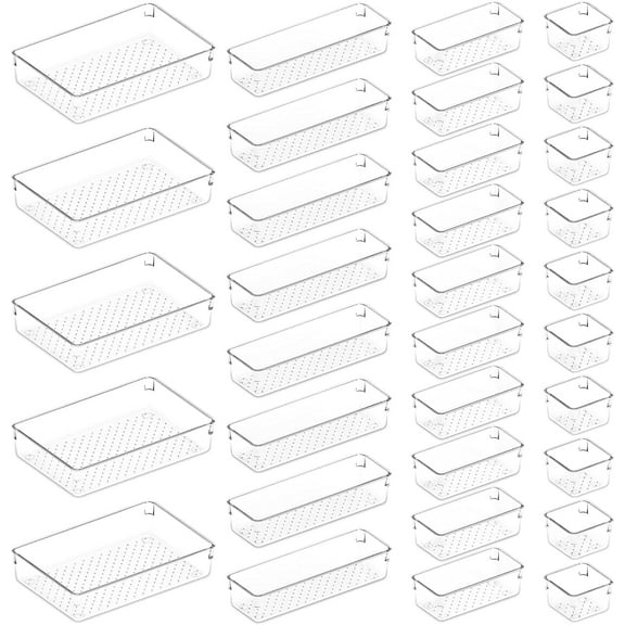 Lifewit 33 pcs Drawer Organizer Set Clear Plastic Desk Drawer Dividers Trays Dresser Storage Bins